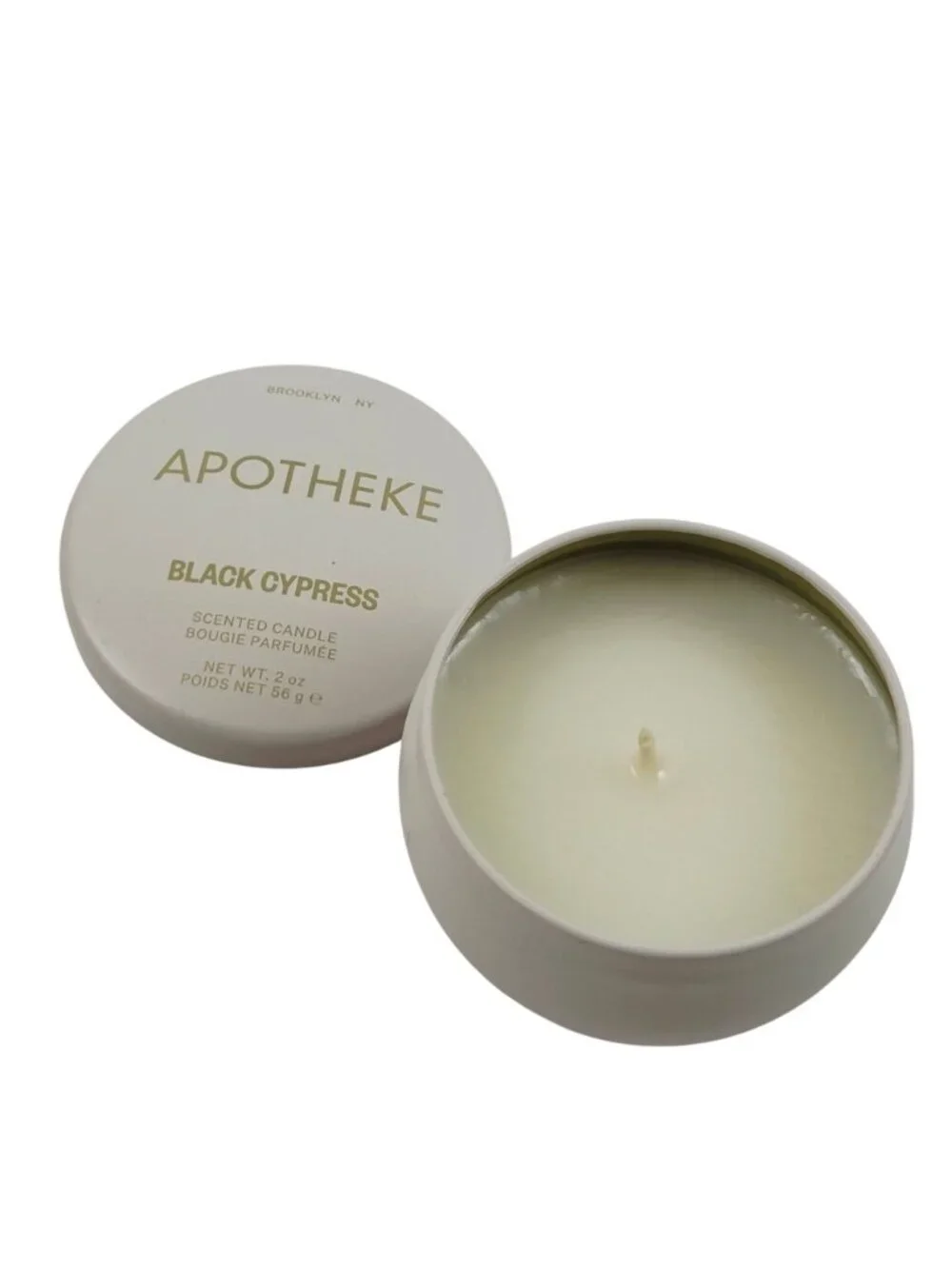 Apotheke Mini Tin Candle Black Cypress Scent 2oz White 15 Hour Burn Time